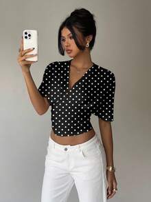 Aloruh Women's Polka Dot Print Deep V-Neck Ruffle Short Sleeve Fashionable T-Shirt Spring - Black - View 8
