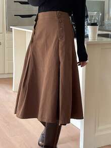 DAZY Women's Pleated Long Casual Denim Skirt - Brown - View 3