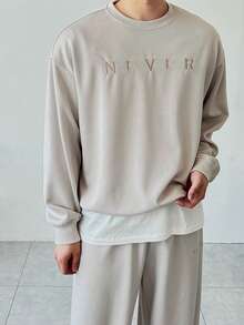 DAZY Men's Letter Embroidered Crew Neck Sweatshirt Outfit, Khaki, Spring/Autumn - Khaki - View 1