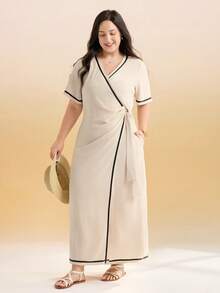 Momelise Đầm midi ngắn tay màu đen dáng rộng thanh lịch dành cho nữ, viền ruy băng, cỡ lớn. - Màu be - Xem 4