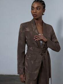 Aveloria Modichic 优雅缎面提花系带套装，女士时尚百搭，秋冬必备 - 咖啡棕 - 查看 5