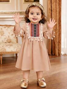 Baby Girl Casual Vacation Striped Retro Print Flare Sleeve Patchwork Tassel Hem Dress, Khaki - Khaki - View 3