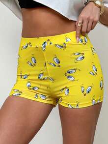 LOONEY TUNES X SHEIN 女士黄色骑行短裤，卡通表情图案，可爱骑行短裤，返校季，百搭，休闲，日常，夏秋两季皆宜 - 黃色 - 查看 4