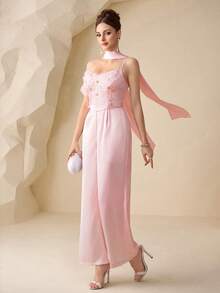 Modelyn 女士优雅3D立体花卉装饰连体裤，适合约会和派对穿着 - 粉色 - 查看 5