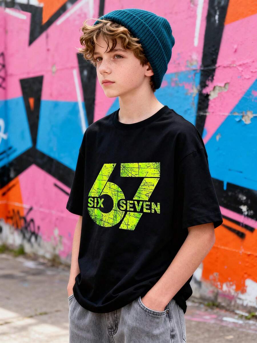 Fantacosmos Tween Boy Casual Comfortable Knit Round Neck Loose Fit T-Shirt With Number 67 Design, Suitable For Daily, School, Outing, Sports, Holiday, Party Wear - Black - View 1