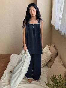 DAZY 少女荷叶边纽扣褶皱上衣和短裤休闲家居服套装 - 藏蓝色 - 查看 3