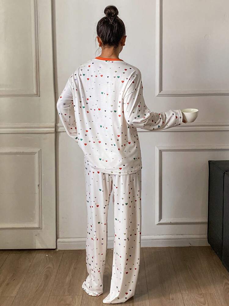 2pcs Women Colorful Heart & Cat Print Loose Long Sleeve T-Shirt And Pants Pajama Set, Autumn/Winter