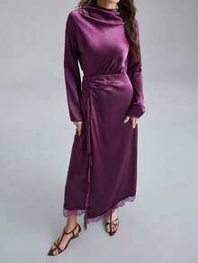 Ontre Vestido Longo de Manga Comprida Elegante com Recortes de Renda e Drapeado em Cor Sólida para Mulheres - Multicolorido - Visão 4