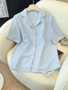 Franclia 优雅短袖条纹翻领衬衫，适合春、夏、秋、冬四季穿着，百搭休闲衬衫，可打造优雅时尚的通勤造型，也适合圣诞节和感恩节等节日穿着。 - 藍色 - 查看 3