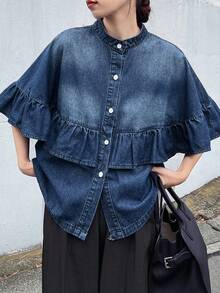 FRIFUL 女士休闲水洗荷叶边前扣牛仔衬衫，夏季 - 藍色 - 查看 1