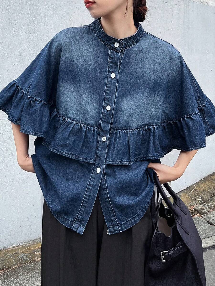 FRIFUL 女士休闲水洗荷叶边前扣牛仔衬衫，夏季 - 藍色 - 查看 1