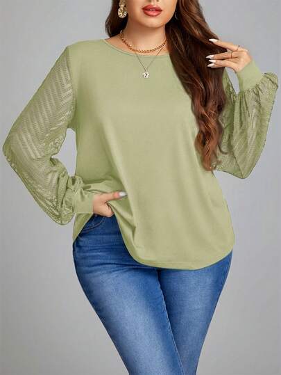 SHEIN LUNE Plus Size Women Solid Color Round Neck Mesh Patchwork Casual Long Sleeve Top