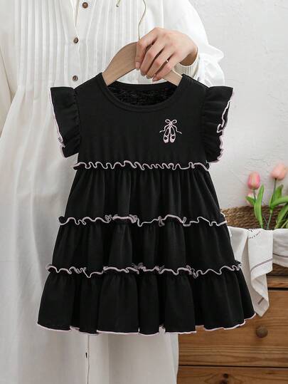 Baby Girls' Sleeveless Dress, Black Cake Skirt Dress, Summer Dress For Baby Girlbowknot Ballet Shoes Embroidered Ruffle Hem Princess Dress