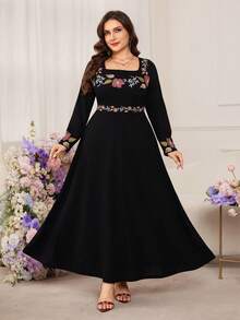Modelyn Black Square Neck Long Sleeve Cinched Waist Dress / Vintage Floral Embroidery Elegant Commuter Plus Size Dress - Black - View 3