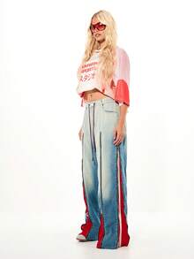 SUMWON WOMEN Denim Wide Leg Jeans With Red Zip Panels And Contrast Stitching High Rise Drawstring Closure Fashion Statement Piece