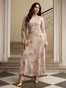 ZEYLAH Elegant Embroidered Mesh Long Sleeve Dress - Apricot - View 5