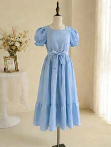 Teenage Girls' Elegant Textured Jacquard Lantern Sleeve Layered Dress, Suitable For Daily Wear And Various Occasions, Spring/Summer, Blue - Blue - View 1