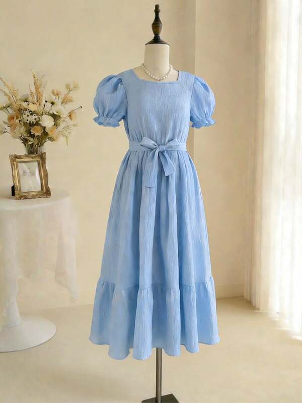 Teenage Girls' Elegant Textured Jacquard Lantern Sleeve Layered Dress, Suitable For Daily Wear And Various Occasions, Spring/Summer, Blue