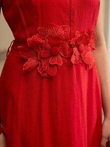 ZEYLAH Sleeveless Linen Dress With 3D Floral Decor, Suitable For Spring/Summer Vacation - Red - View 2
