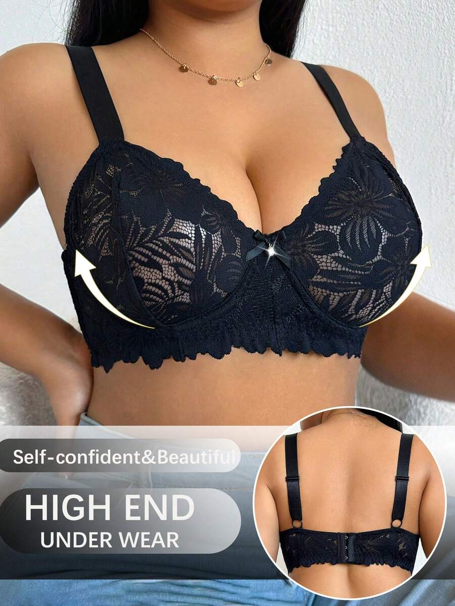 DesireSculpt 1pc Plus Size Lace Patchwork Underwire Bra - Black - View 1