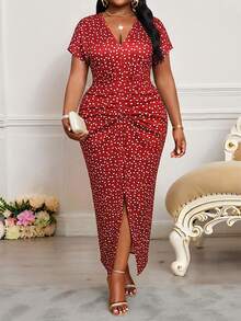 SHEIN Lady Plus Size Women's Polka Dot V-Neck Ruched Slit Design Elegant Waist Cinched Party Dress - Red - View 1