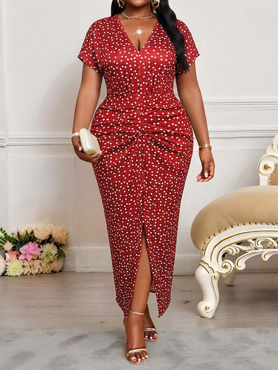 SHEIN Lady Plus Size Women's Polka Dot V-Neck Ruched Slit Design Elegant Waist Cinched Party Dress - Red - View 1