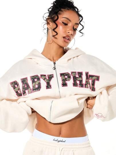 BABYPHAT Women's Oversized Cropped Zip Through Hoodie With Camouflage Print Detail And Drawstring Hood For Casual Streetwear Style Fall Winter Comfort Hoodies Y2k Cropped Hoodie Women Baby Phat Cropped Hoodie Cropped Zip Up Hoodie