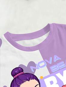 女童休闲可爱卡通韩流女孩拼接爱心印花短袖圆领T恤，适合外出穿着，情人节上衣 - 彩色 - 查看 4