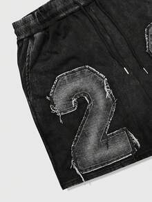 ROMWE MEN Grunge Punk 男士休闲数字贴布短裤，夏季 - 黑色 - 查看 4