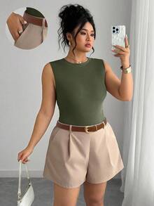 Elenzga Conjunto de 2 piezas de talla grande para mujer con top sin mangas de punto y pantalones cortos tipo A-line con cinturón, conjunto casual de 2 piezas con pantalones cortos, conjunto de 2 piezas de ropa de mujer - Multicolor - Ver 6