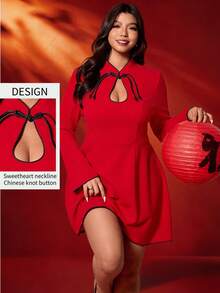 Vionelle Vestido de Festa Novo de Outono/Inverno para Mulheres Plus Size, Vestido Curto Evasê com Cintura Recortada em Bloco de Cores, Vestido de Manga Longa, Vestido de Gola Alta, Vestido Elegante e Romântico, Vestido de Ano Novo - Vermelho - Visão 8