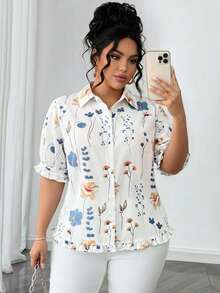 SHEIN LUNE Plus Size Front Button Short Sleeve Allover Print Casual Top, Everyday Wear Fall - Multicolor - View 4