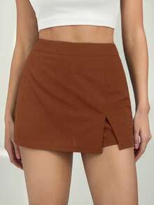 SHEIN Tall Váy quần nữ màu trơn cạp cao xẻ tà bên hông kiểu dáng thường ngày - màu nâu - Xem 4