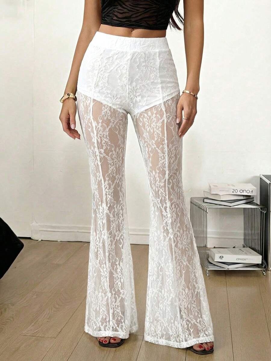 SHEIN Tall Quần ống loe ren kiểu dáng Y2K dành cho nữ, thích hợp mặc đi hộp đêm hoặc xem hòa nhạc, dành cho người nhỏ nhắn.