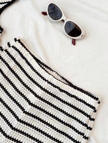 Teen Girls' Fashion Casual Asymmetric Striped Texture Black White Apricot Striped Cropped Off-Shoulder T-Shirt And Pants 2-Piece Set - Black and White - View 4