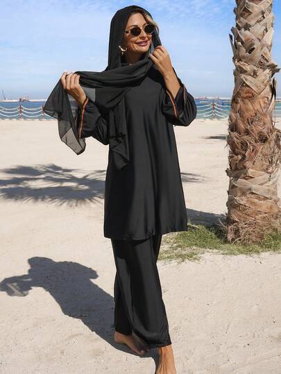 Swim Mulvari 四件套秋冬新款纯黑色褶皱长袖上衣、运动文胸、裤子，优雅度假成熟中东比基尼套装，含头巾