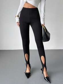 Firerie Women's Minimalist Elegant Daily Casual Commuting Leggings, Black Knit High Waist Slim Hollow Out Stirrup Tight Leggings, Spring/Summer New Women's Leggings Pants - Black - View 4