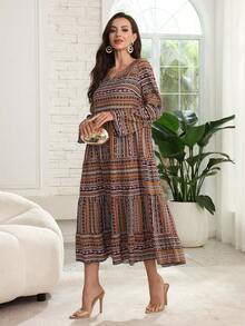 Lacomfia Casual Print Round Neck Cutout Long Sleeve Layered Loose Regular Midi Dress For Women, Spring/Autumn - Multicolor - View 5