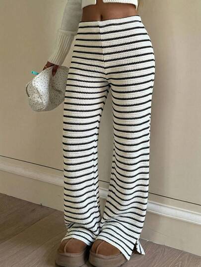 Teen Girls Casual Comfortable Striped Black & White, Light Color Pants, Versatile For Everyday Wear Pants Cute Striped Pants Black And White Wide Leg Pants Girl Wide Leg Pants Summer Clothes Bottoms