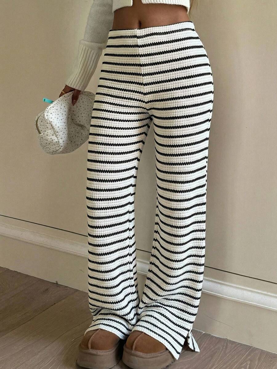 少女休闲舒适黑白条纹浅色长裤，百搭日常穿着 - 黑與白 - 查看 1