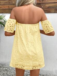 Glamine Women's Summer Solid Color Open Shoulder Dress With Hollowed-Out Embroidered Pattern Mini Short Vacation Beach Outfit - Yellow - View 2