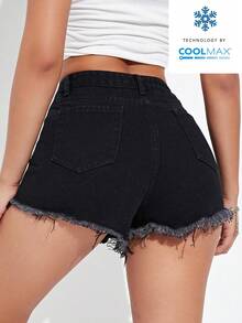 Jeanoix 纯色毛边破洞斜插口袋休闲牛仔短裤 - 黑色 - 查看 2