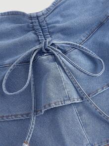 SHEIN MOD Women's Denim Skirt With Drawstring Waist And Layered Ruffle Hem, Fashionable - Blue - View 3