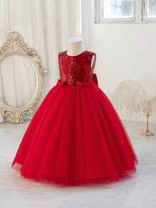 Glamorique Kids 女童绿色亮片薄纱缎面连衣裙，饰有蝴蝶结，圣诞节和万圣节服装，儿童无袖连衣裙，适合生日派对、舞台表演和高端礼服 - 紅色 - 查看 6