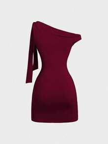 Sweetra Petite Asymmetric Ruffle Hem Sexy A-Line Dress, Waist Cinching Design Flatters Figure, French Style Mini Dress For Petite - Burgundy - View 2