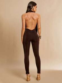 Silquee 女士时尚性感深V露背连体衣 - 棕色 - 查看 2