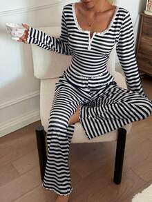 Snug Zone Lace Trim Scoop Neck 2-Button Striped Print Long Sleeve Top & Pants Pajama Set, Lounge Two Piece Set, Fall Winter Clothes Cozy And Elegant Details - Multicolor - View 5
