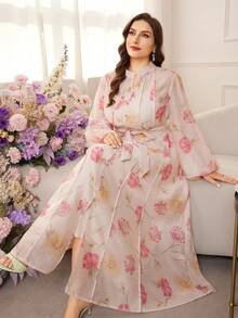 Modelyn 大码女士优雅印花V领灯笼袖系带修身度假连衣裙，春夏款 - 杏色 - 查看 1