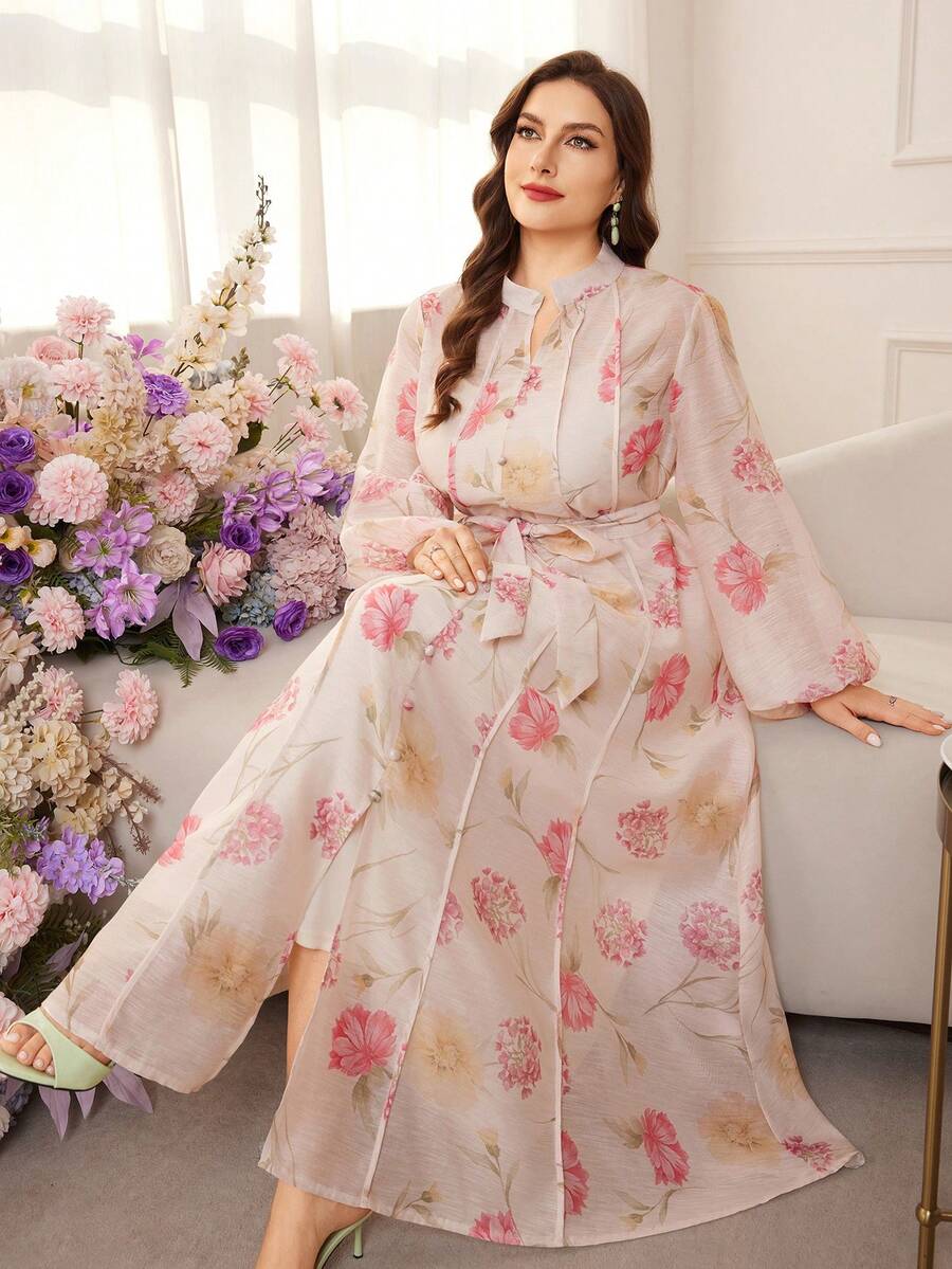 Modelyn 大码女士优雅印花V领灯笼袖系带修身度假连衣裙，春夏款 - 杏色 - 查看 1