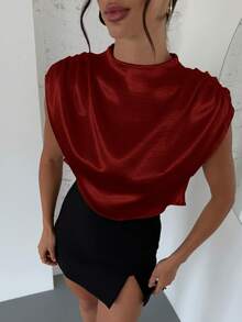 Firerie Women's Elegant Summer Burgundy Red Pleated Shirt,Minimalist Chic Ins-Style Party Night Top,Suitable For Valentine's Day,Date,Music Festival - Burgundy - View 5